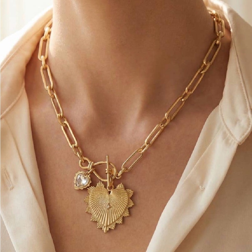 NWT Boho Double Heart Pendants Oval Chain Necklace Gold - Picture 3 of 4